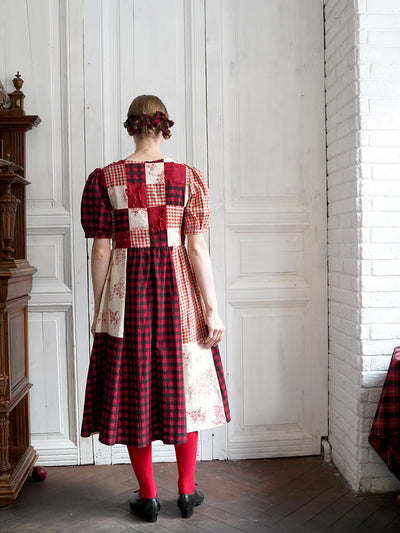 Unlogical Poem  Gingham and Embroidered Fabric Red Patchwork Dress