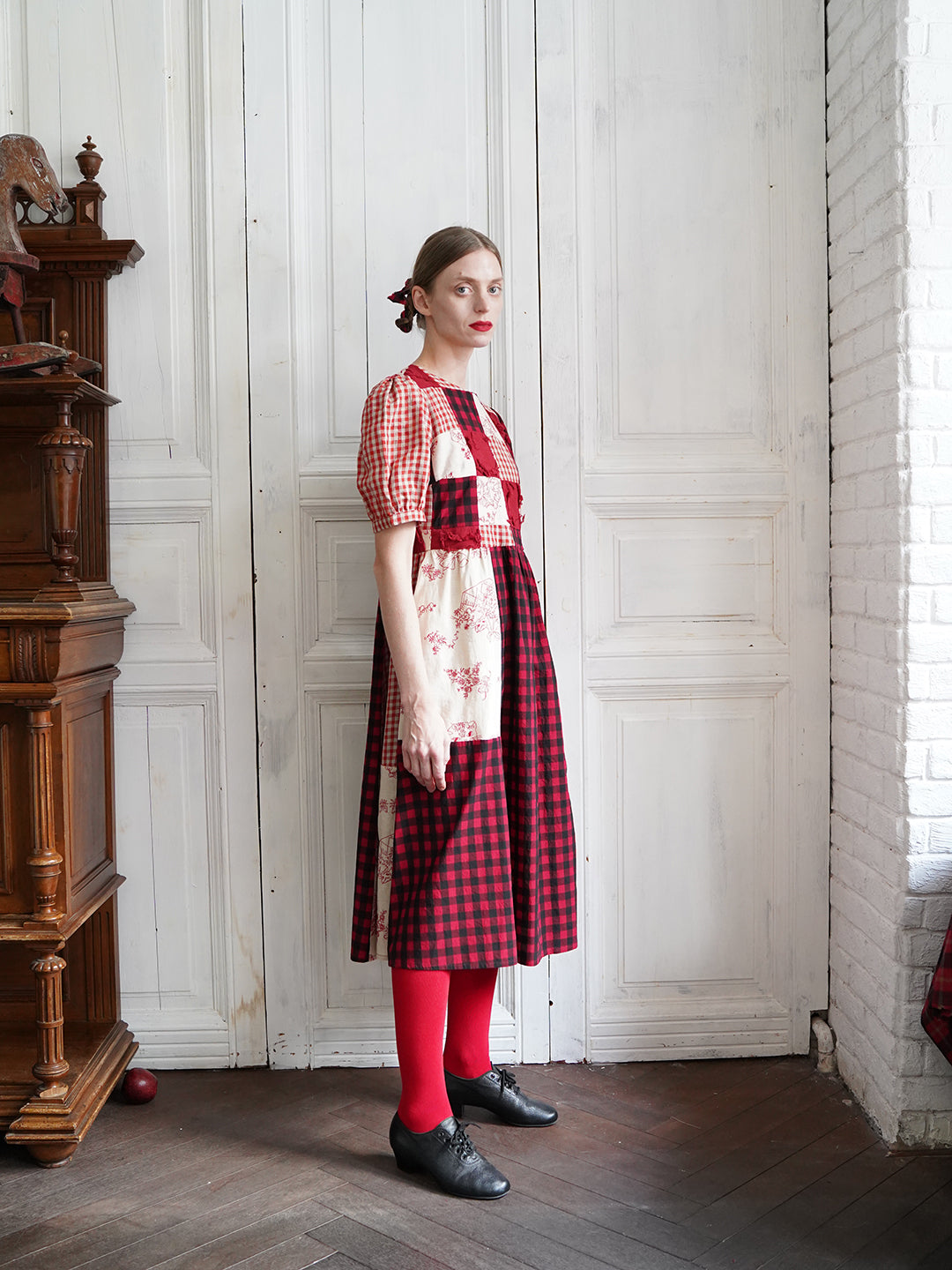 Unlogical Poem  Gingham and Embroidered Fabric Red Patchwork Dress