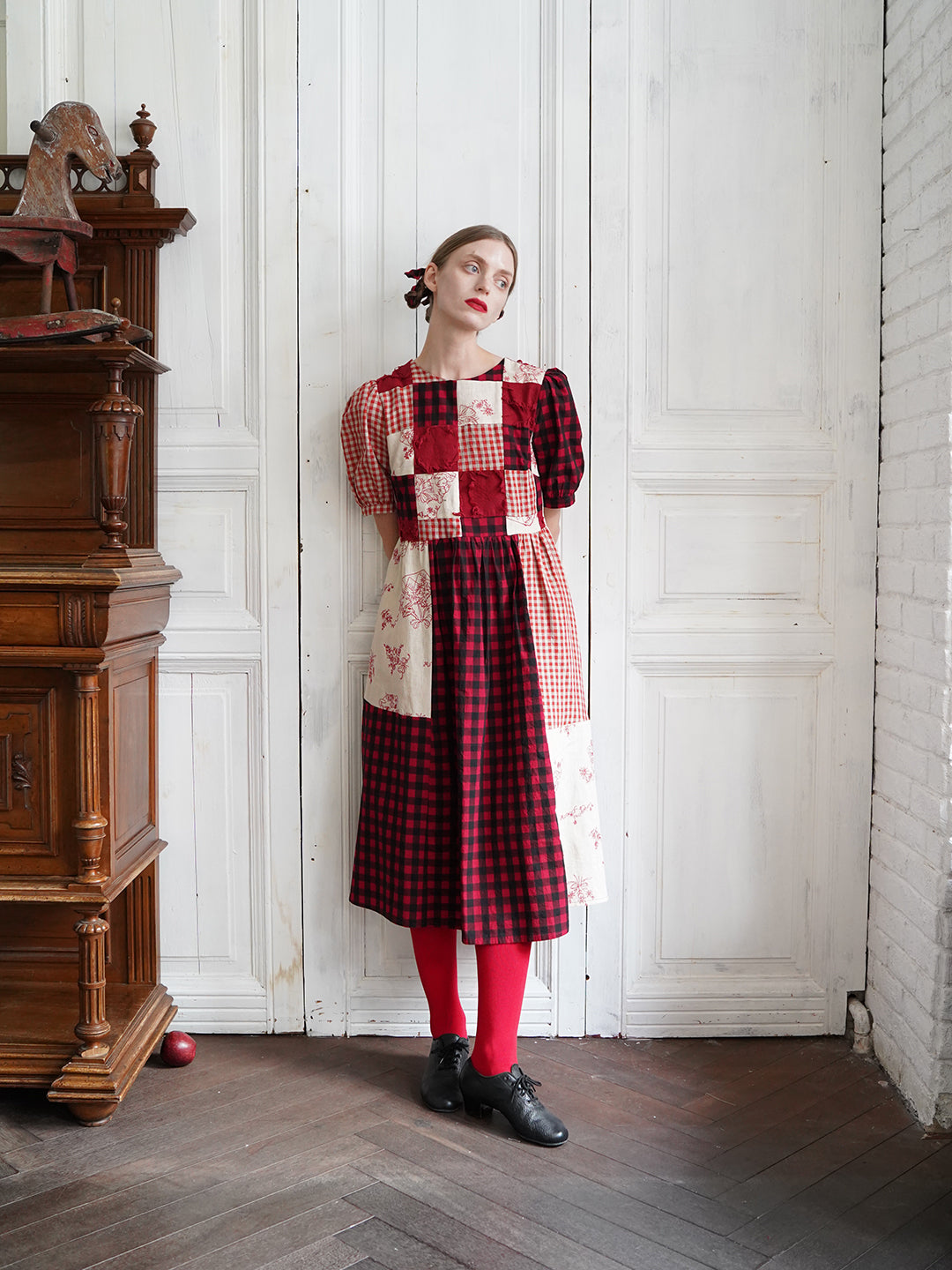 Unlogical Poem  Gingham and Embroidered Fabric Red Patchwork Dress