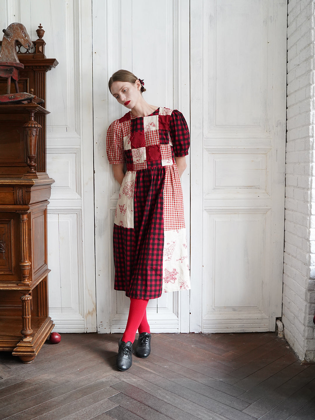 Unlogical Poem  Gingham and Embroidered Fabric Red Patchwork Dress