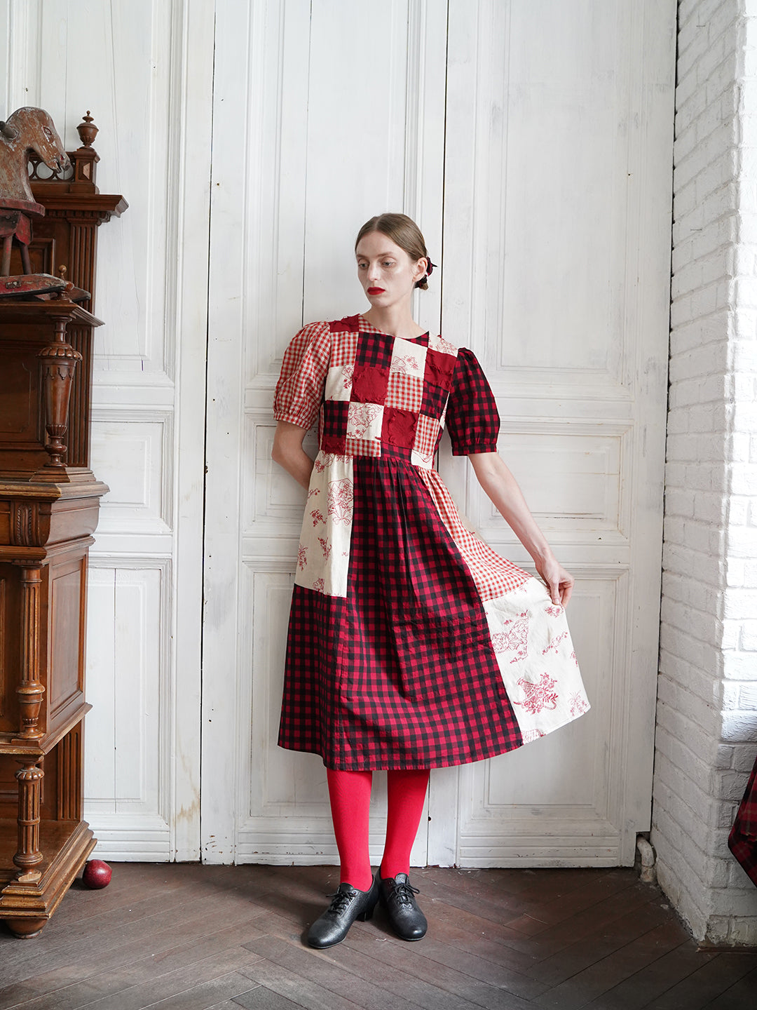 Unlogical Poem  Gingham and Embroidered Fabric Red Patchwork Dress