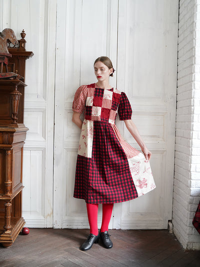 Unlogical Poem  Gingham and Embroidered Fabric Red Patchwork Dress