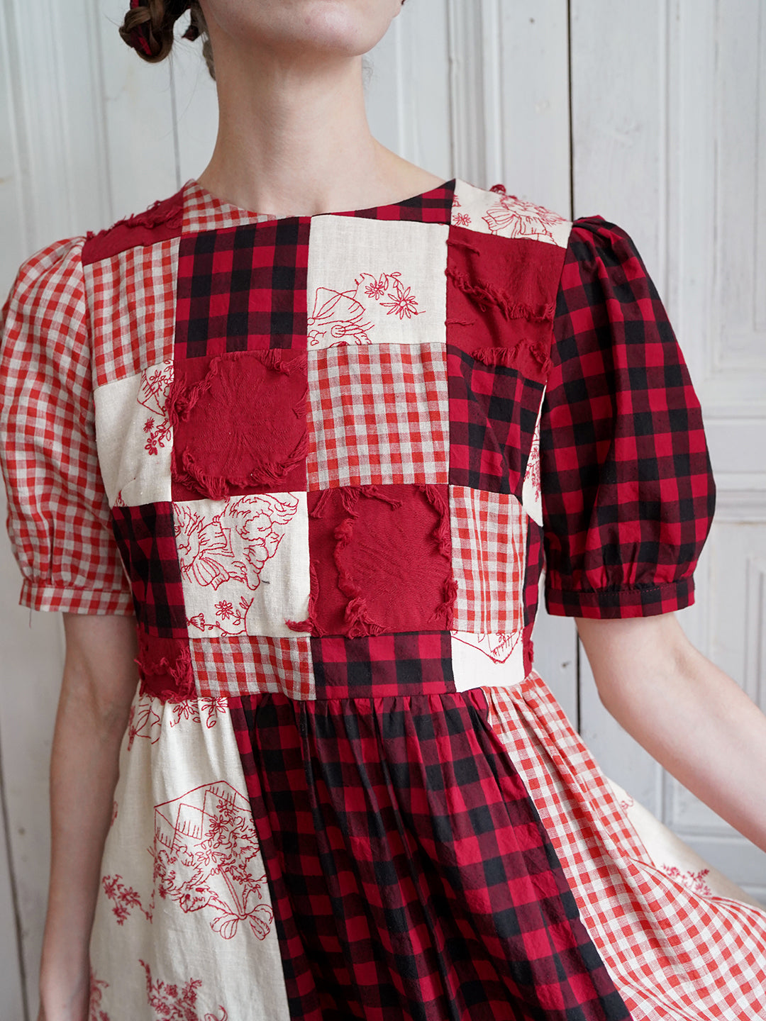 Unlogical Poem  Gingham and Embroidered Fabric Red Patchwork Dress