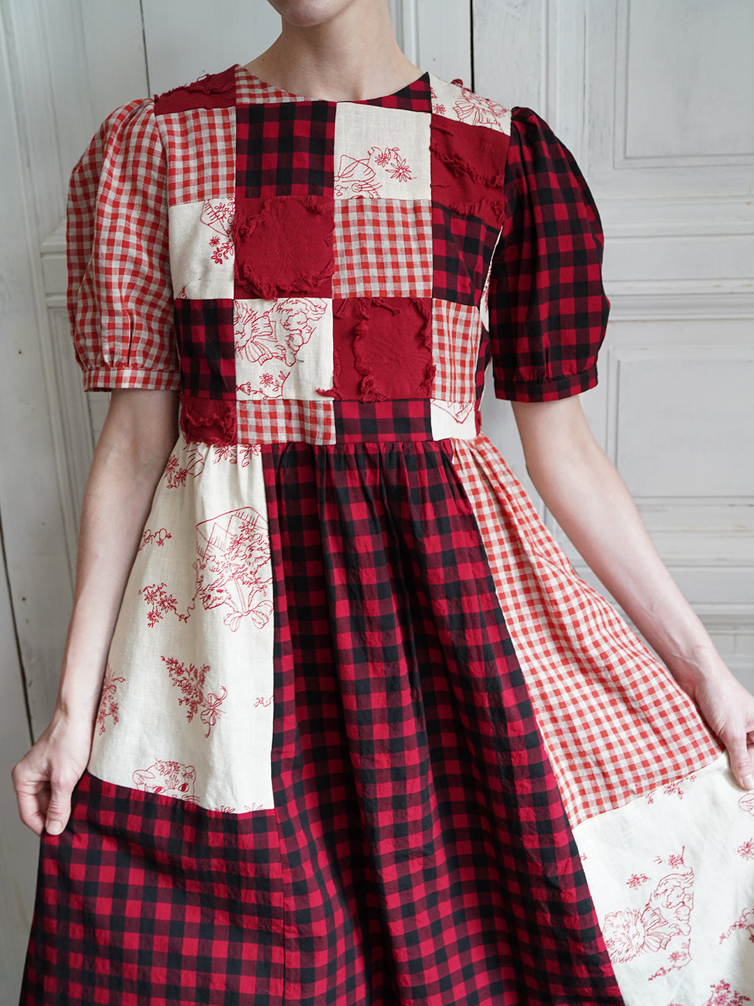 Unlogical Poem  Gingham and Embroidered Fabric Red Patchwork Dress