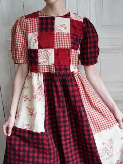 Unlogical Poem  Gingham and Embroidered Fabric Red Patchwork Dress