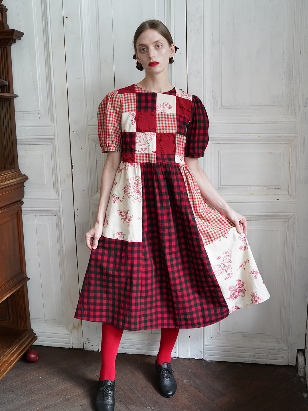 Unlogical Poem  Gingham and Embroidered Fabric Red Patchwork Dress