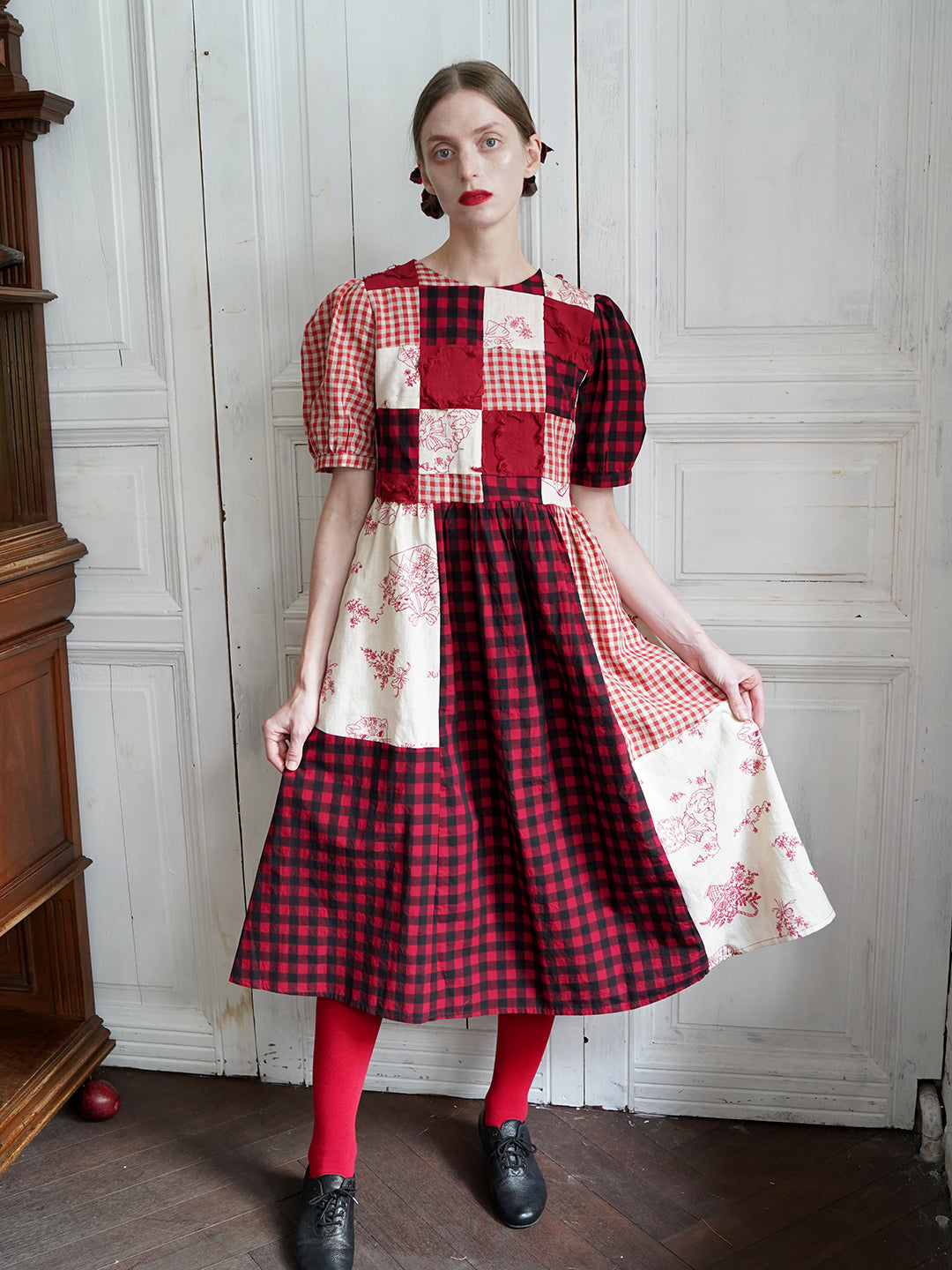 Unlogical Poem  Gingham and Embroidered Fabric Red Patchwork Dress