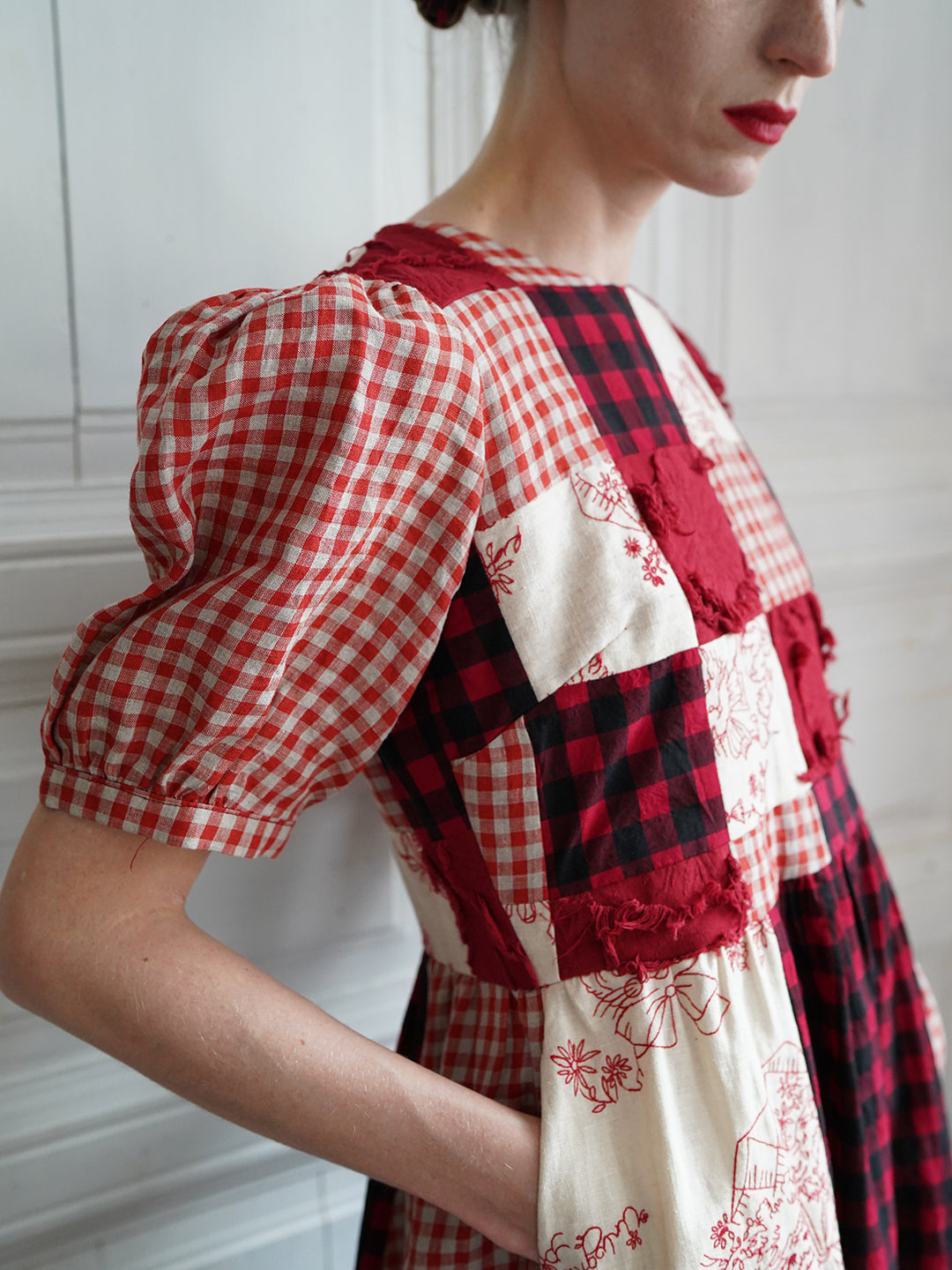 Unlogical Poem  Gingham and Embroidered Fabric Red Patchwork Dress