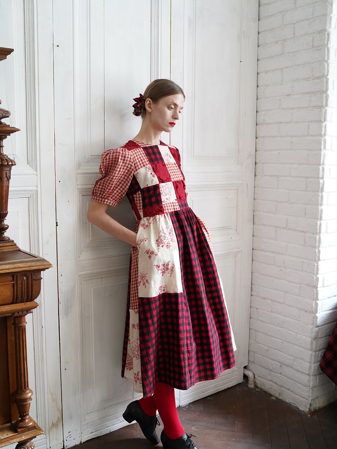 Unlogical Poem  Gingham and Embroidered Fabric Red Patchwork Dress