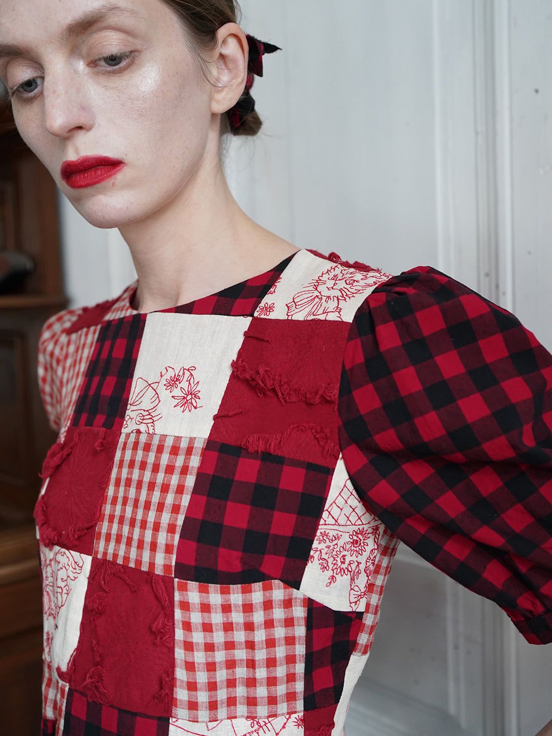 Unlogical Poem  Gingham and Embroidered Fabric Red Patchwork Dress
