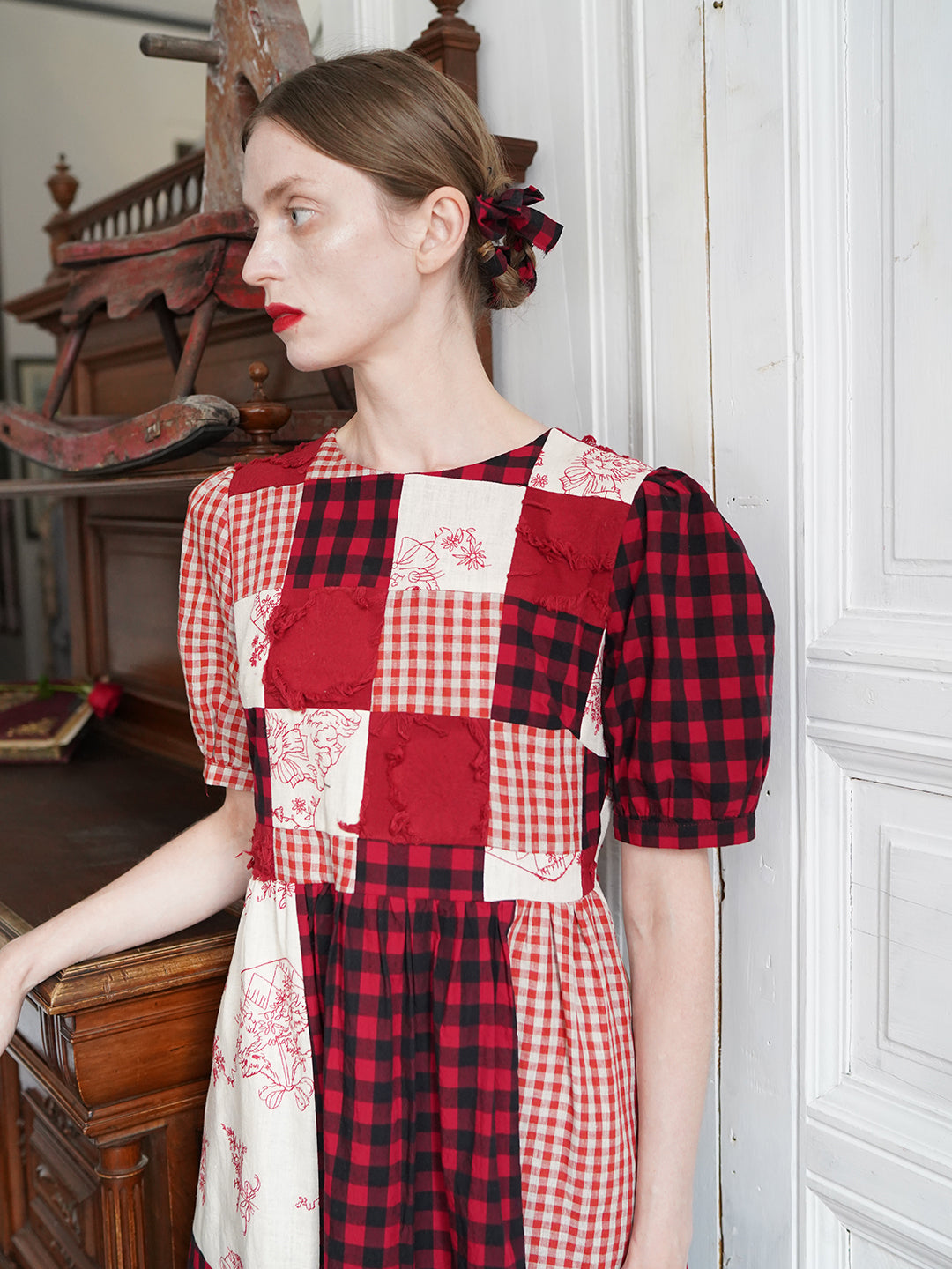 Unlogical Poem  Gingham and Embroidered Fabric Red Patchwork Dress