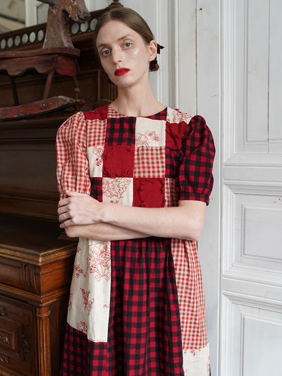 Unlogical Poem  Gingham and Embroidered Fabric Red Patchwork Dress