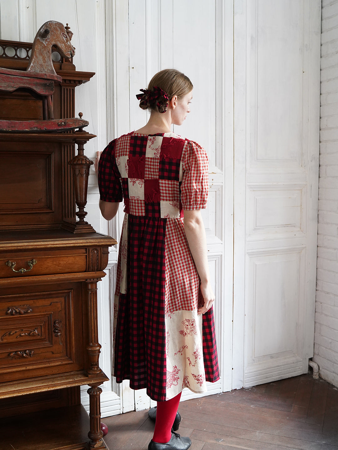 Unlogical Poem  Gingham and Embroidered Fabric Red Patchwork Dress