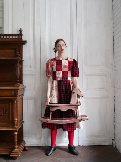 Unlogical Poem  Gingham and Embroidered Fabric Red Patchwork Dress