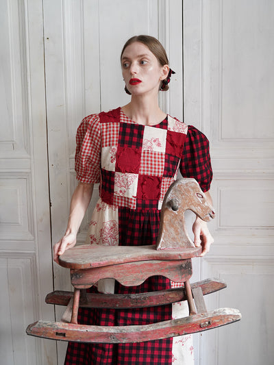 Unlogical Poem  Gingham and Embroidered Fabric Red Patchwork Dress
