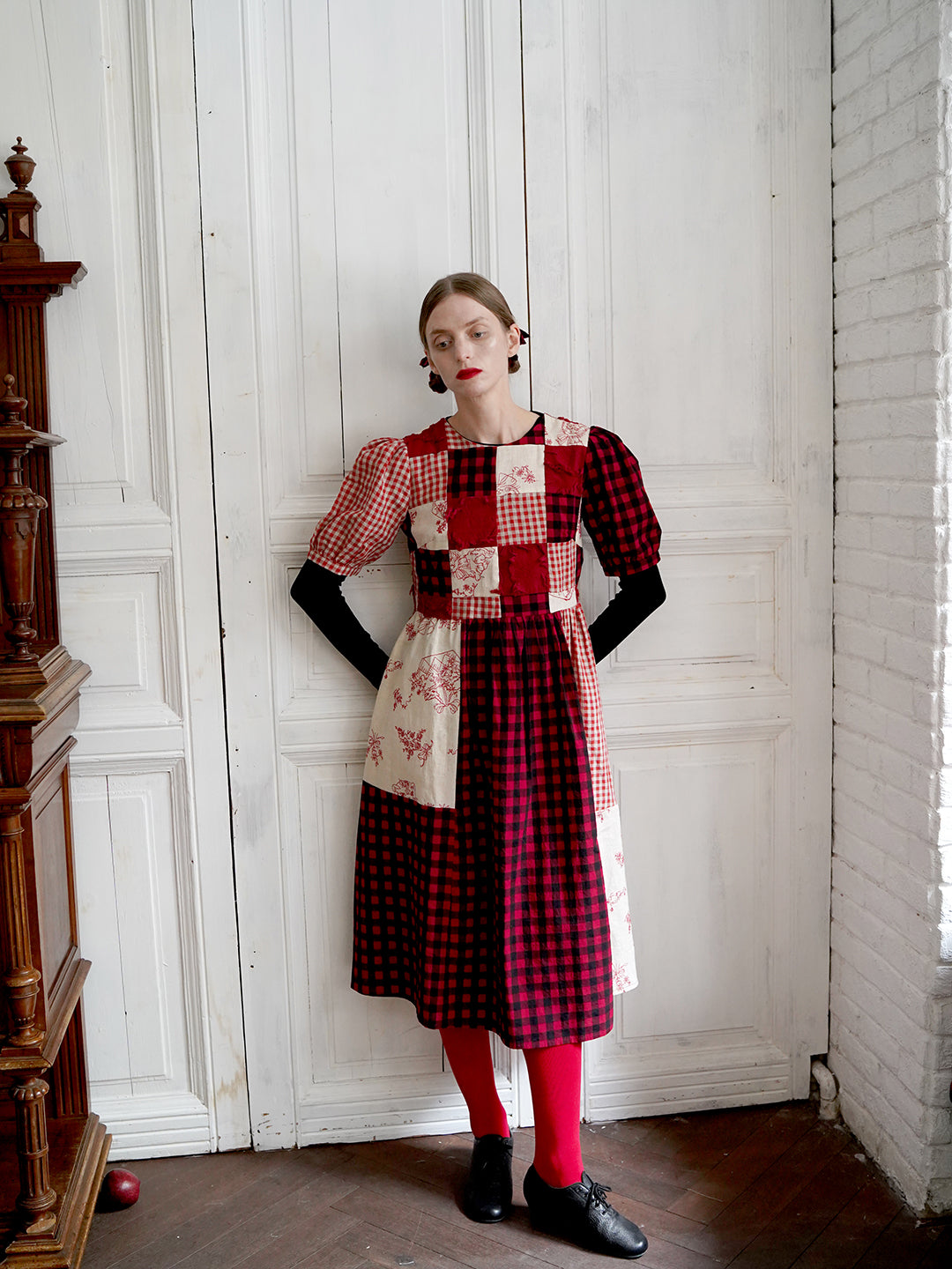 Unlogical Poem  Gingham and Embroidered Fabric Red Patchwork Dress