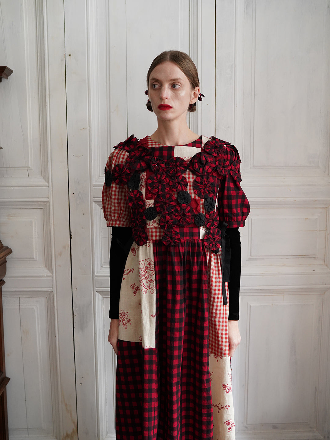 Unlogical Poem  Gingham and Embroidered Fabric Red Patchwork Dress
