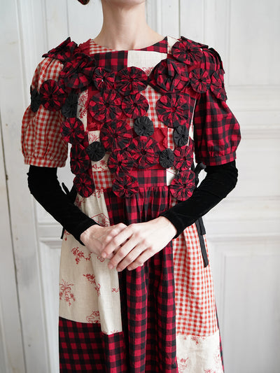 Unlogical Poem Handmade Yoyo Flowers Gingham Smock