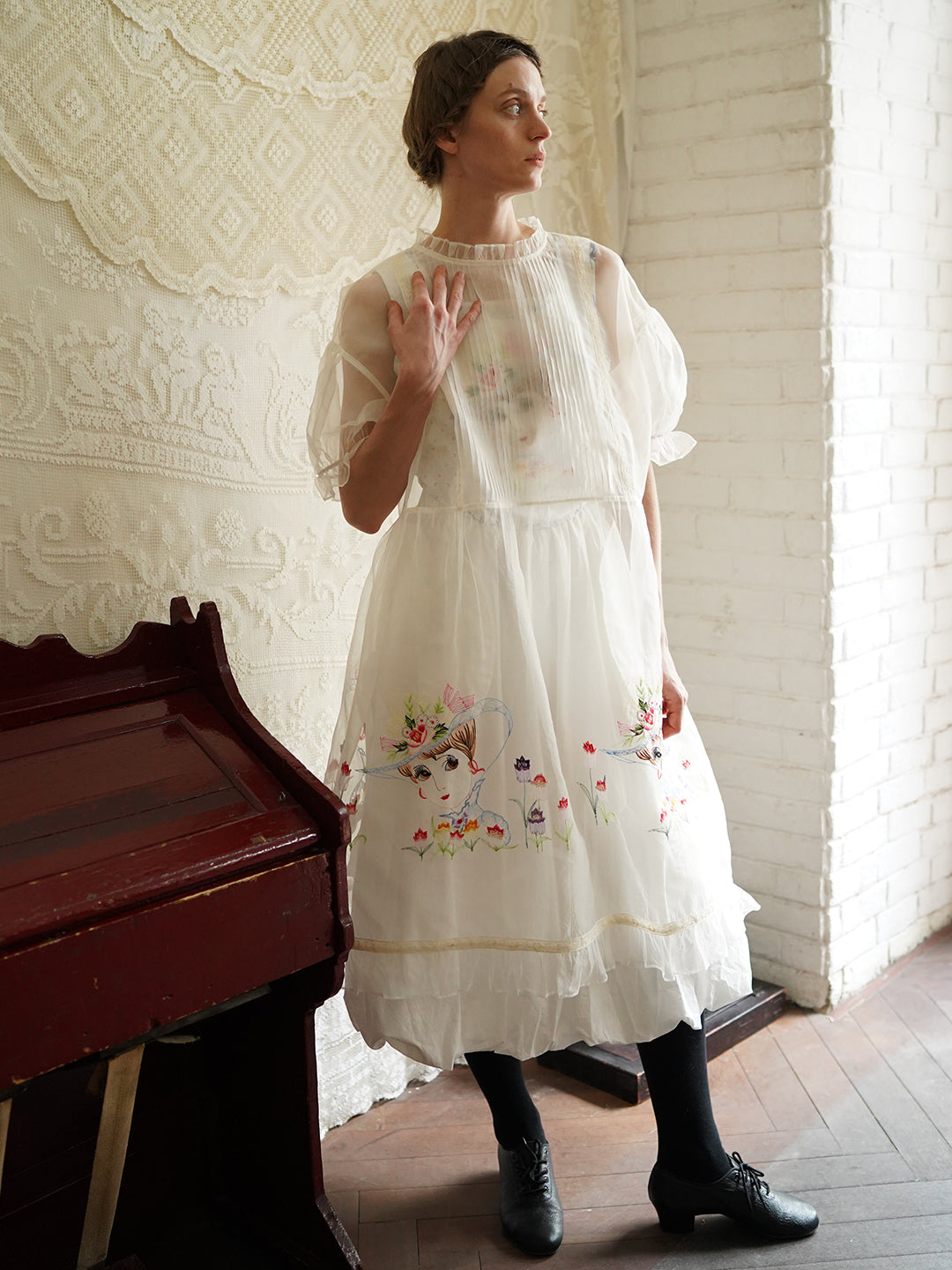 Unlogical Poem Vintage Style Embroidered Silk Dress Smock