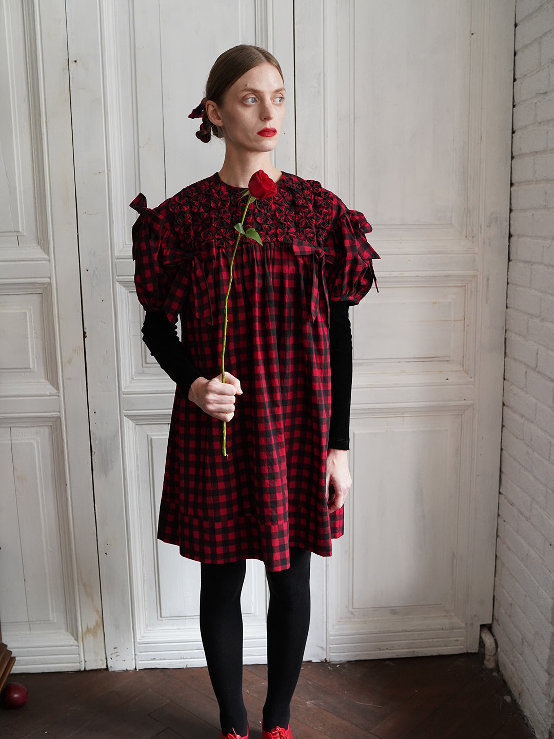 Unlogical Poem Handmade Yoyo Flower Bow Short Gingham Bud Dress