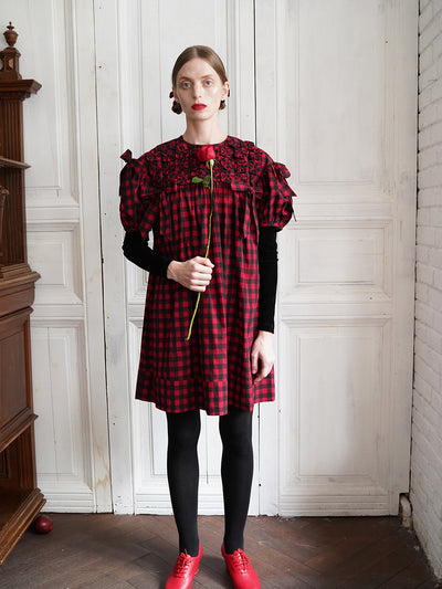 Unlogical Poem Handmade Yoyo Flower Bow Short Gingham Bud Dress