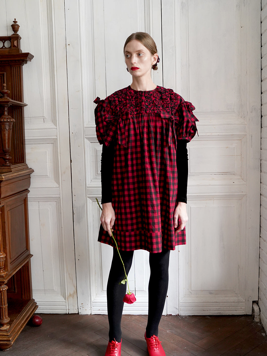 Unlogical Poem Handmade Yoyo Flower Bow Short Gingham Bud Dress