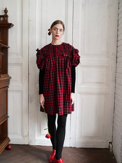 Unlogical Poem Handmade Yoyo Flower Bow Short Gingham Bud Dress