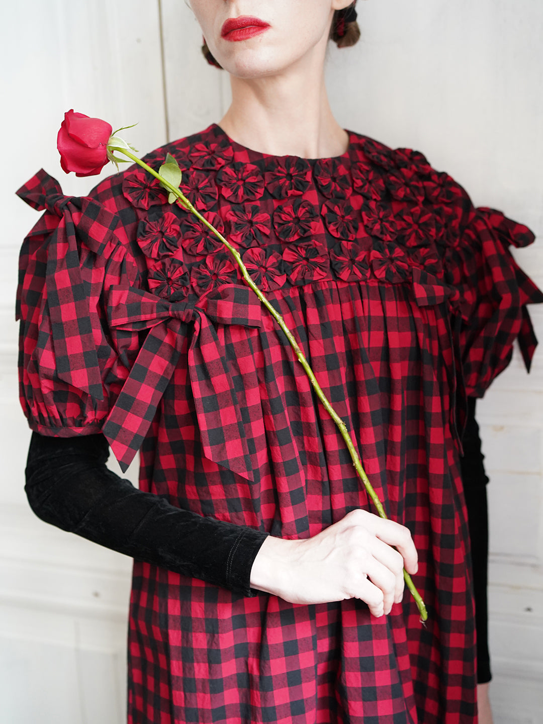 Unlogical Poem Handmade Yoyo Flower Bow Short Gingham Bud Dress