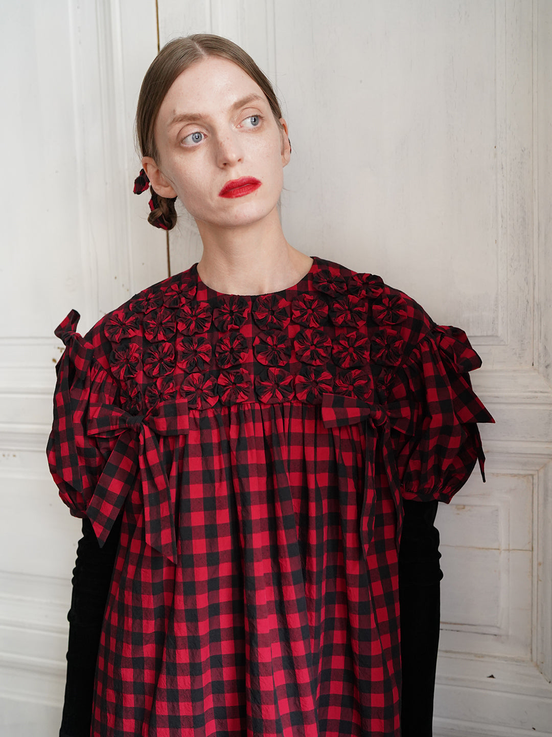 Unlogical Poem Handmade Yoyo Flower Bow Short Gingham Bud Dress