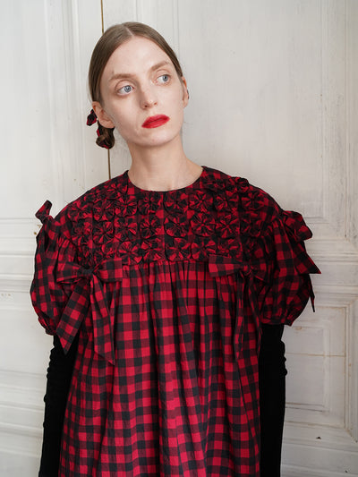 Unlogical Poem Handmade Yoyo Flower Bow Short Gingham Bud Dress