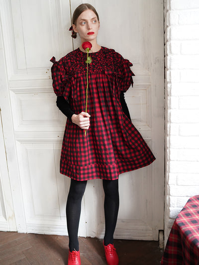 Unlogical Poem Handmade Yoyo Flower Bow Short Gingham Bud Dress