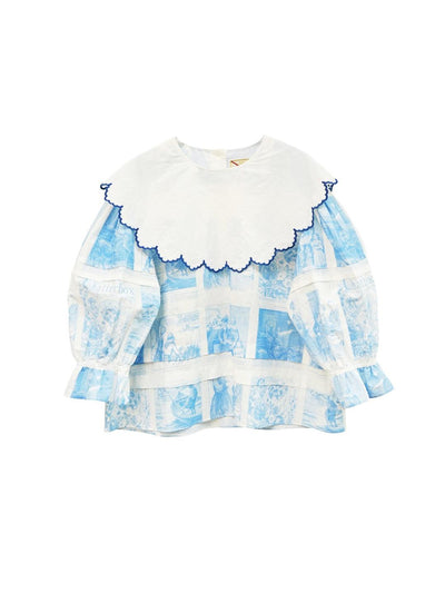 Unlogical Poem  Cape Collar Embroidery  Print and Puff Sleeves Blouse