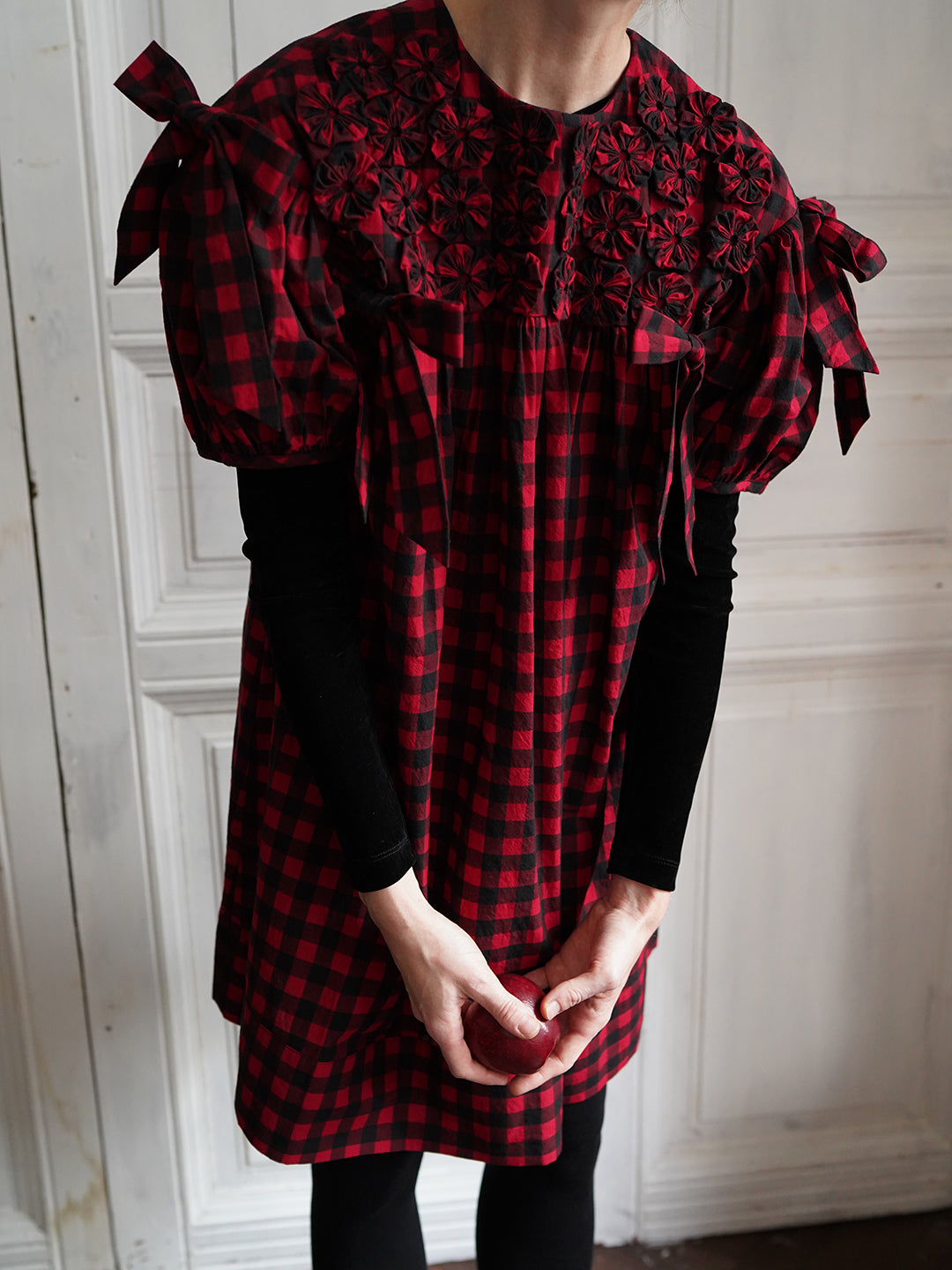 Unlogical Poem Handmade Yoyo Flower Bow Short Gingham Bud Dress