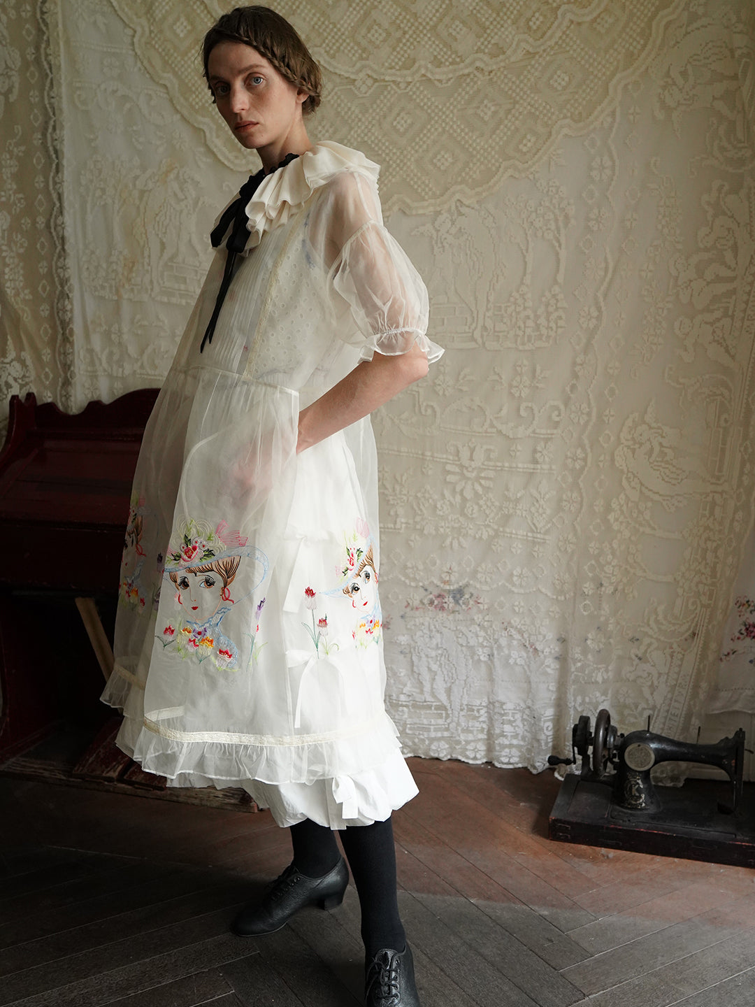 Unlogical Poem Vintage Style Embroidered Silk Dress Smock