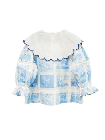 Unlogical Poem  Cape Collar Embroidery  Print and Puff Sleeves Blouse