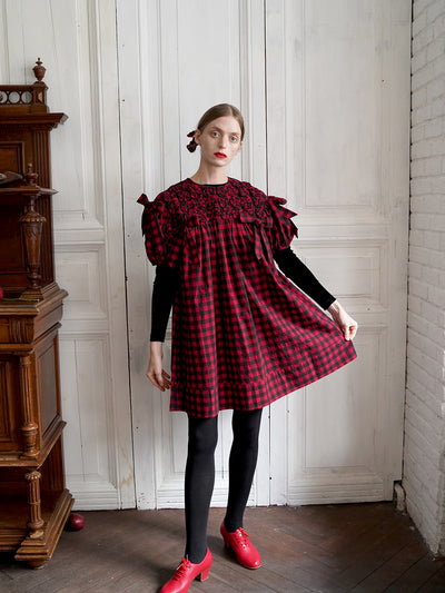 Unlogical Poem Handmade Yoyo Flower Bow Short Gingham Bud Dress