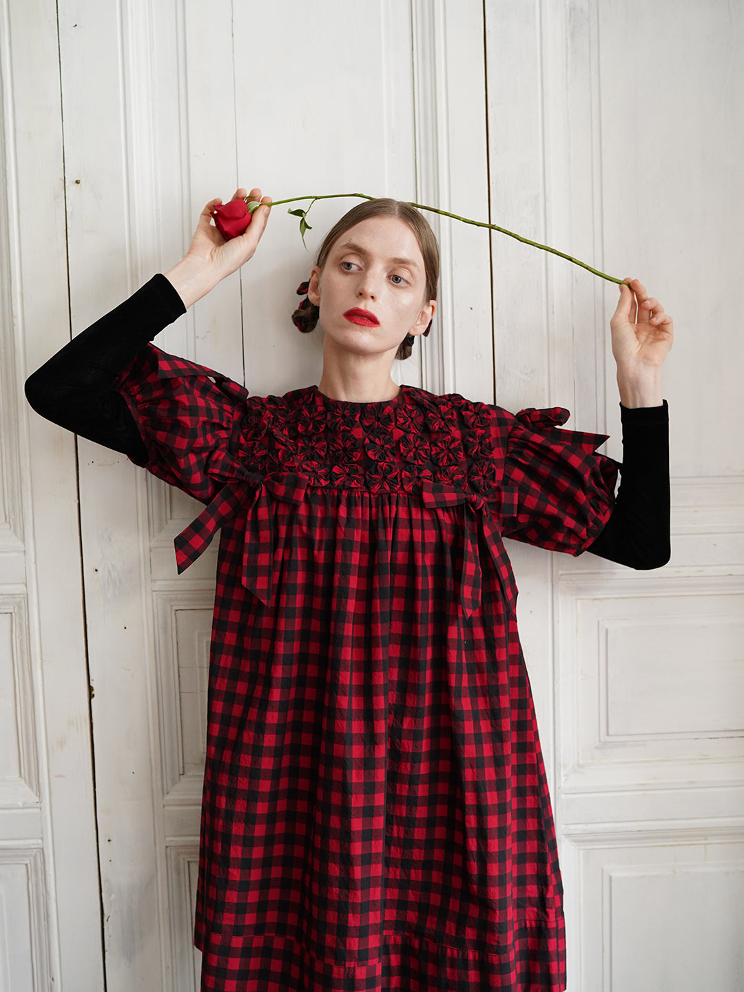 Unlogical Poem Handmade Yoyo Flower Bow Short Gingham Bud Dress