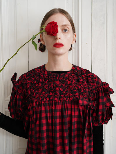 Unlogical Poem Handmade Yoyo Flower Bow Short Gingham Bud Dress