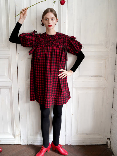 Unlogical Poem Handmade Yoyo Flower Bow Short Gingham Bud Dress