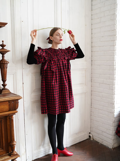 Unlogical Poem Handmade Yoyo Flower Bow Short Gingham Bud Dress