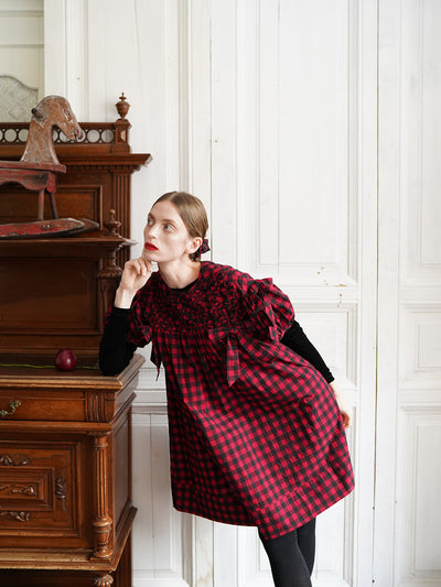 Unlogical Poem Handmade Yoyo Flower Bow Short Gingham Bud Dress