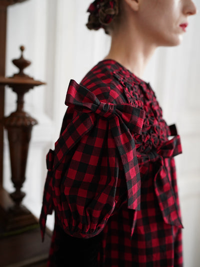 Unlogical Poem Handmade Yoyo Flower Bow Short Gingham Bud Dress