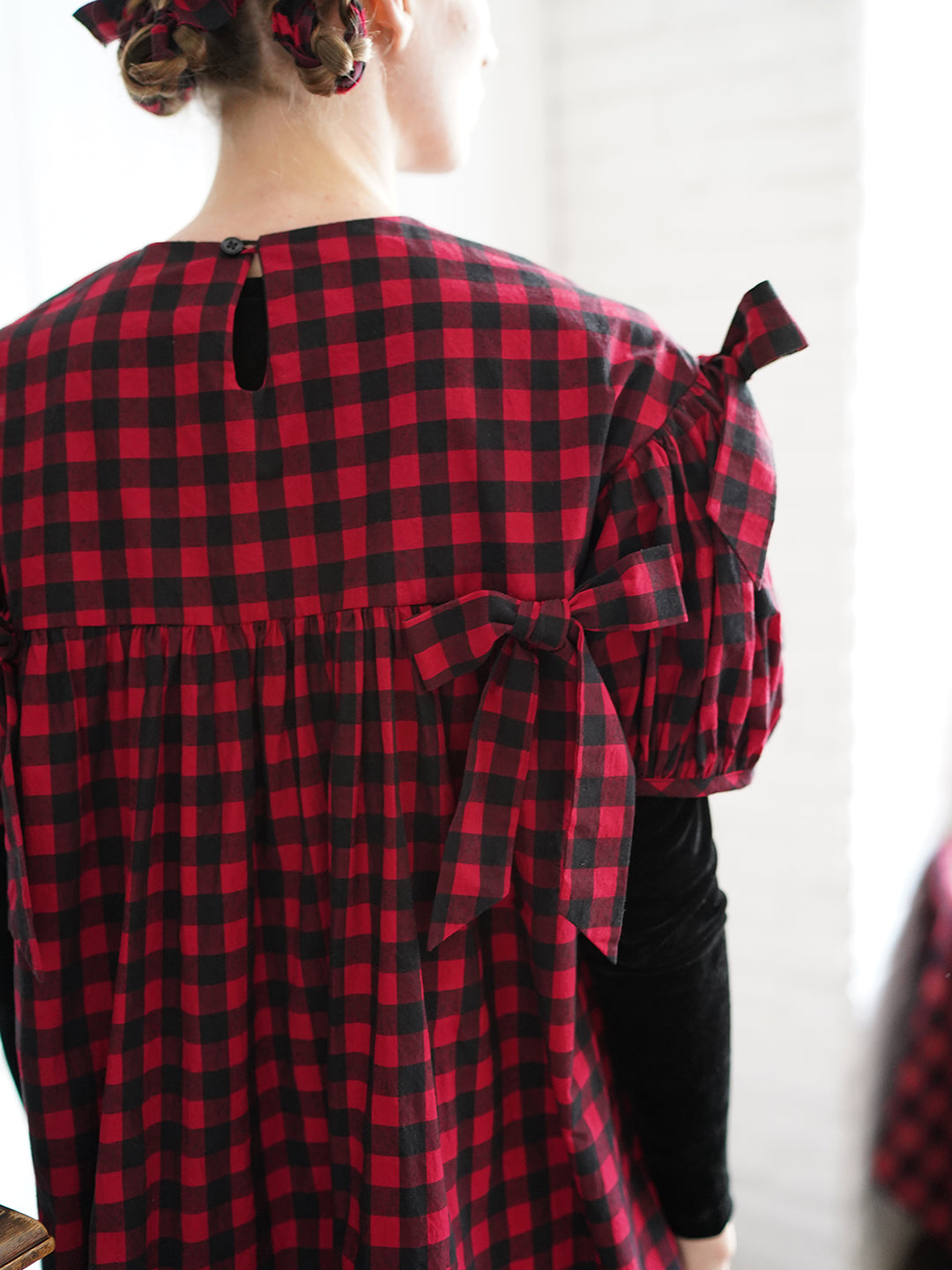 Unlogical Poem Handmade Yoyo Flower Bow Short Gingham Bud Dress