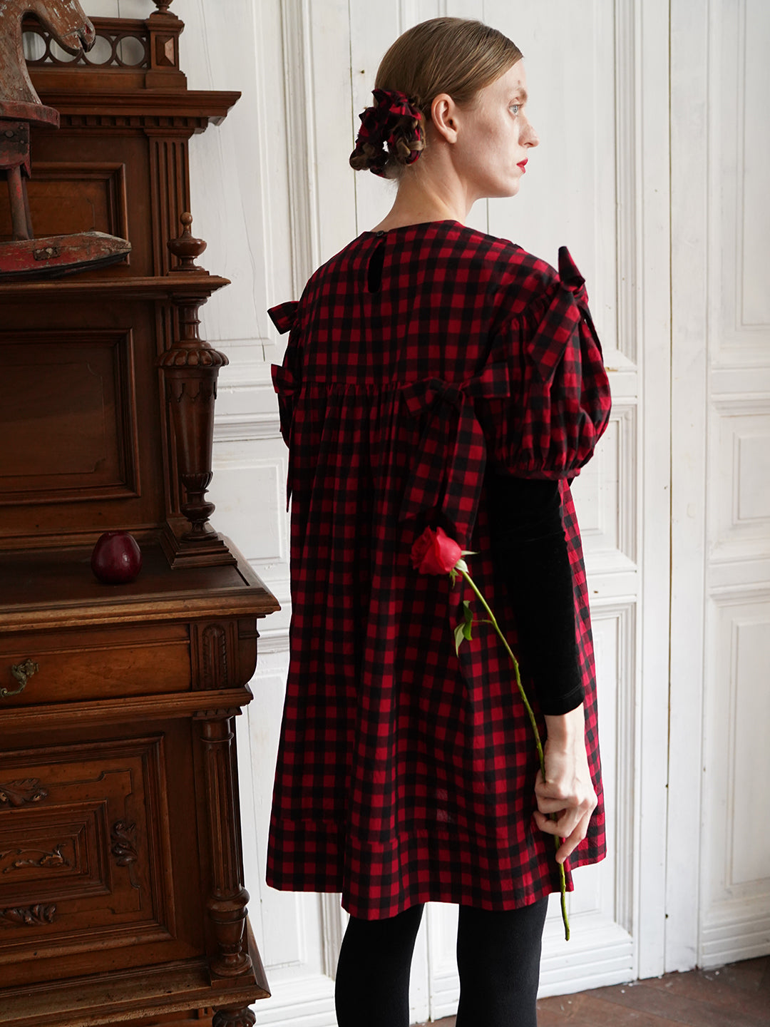 Unlogical Poem Handmade Yoyo Flower Bow Short Gingham Bud Dress