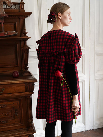 Unlogical Poem Handmade Yoyo Flower Bow Short Gingham Bud Dress