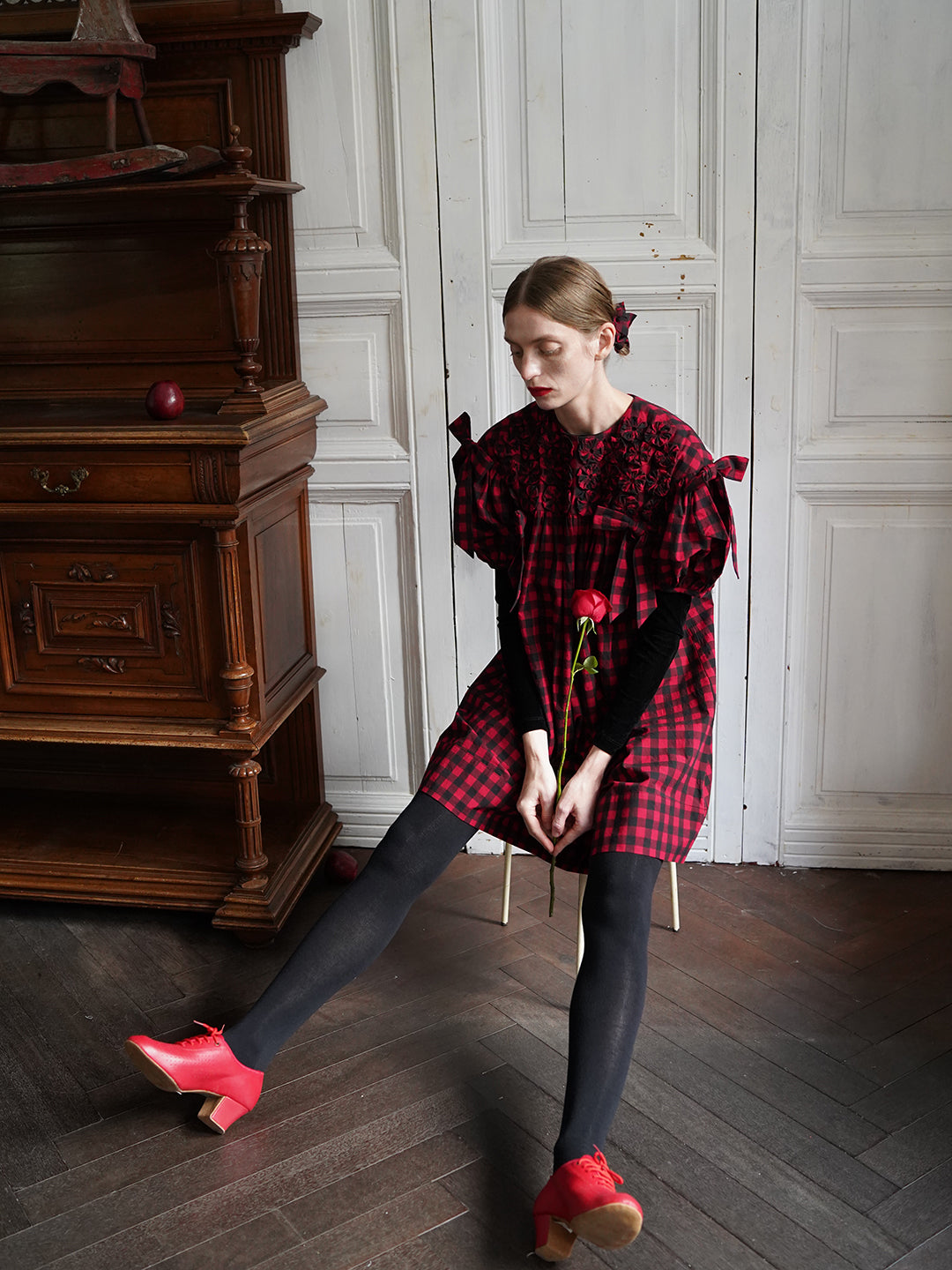 Unlogical Poem Handmade Yoyo Flower Bow Short Gingham Bud Dress