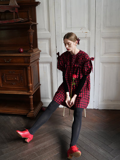 Unlogical Poem Handmade Yoyo Flower Bow Short Gingham Bud Dress