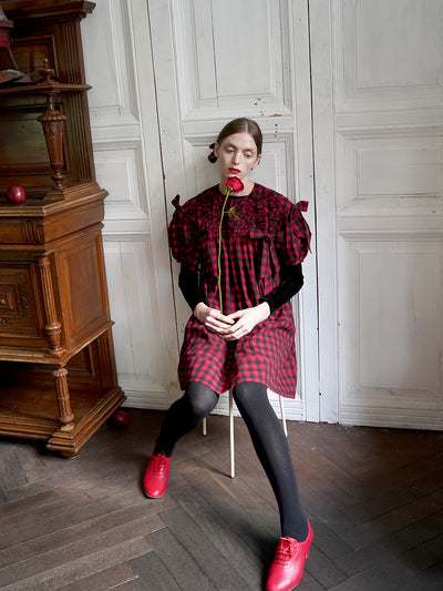 Unlogical Poem Handmade Yoyo Flower Bow Short Gingham Bud Dress