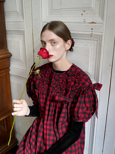 Unlogical Poem Handmade Yoyo Flower Bow Short Gingham Bud Dress