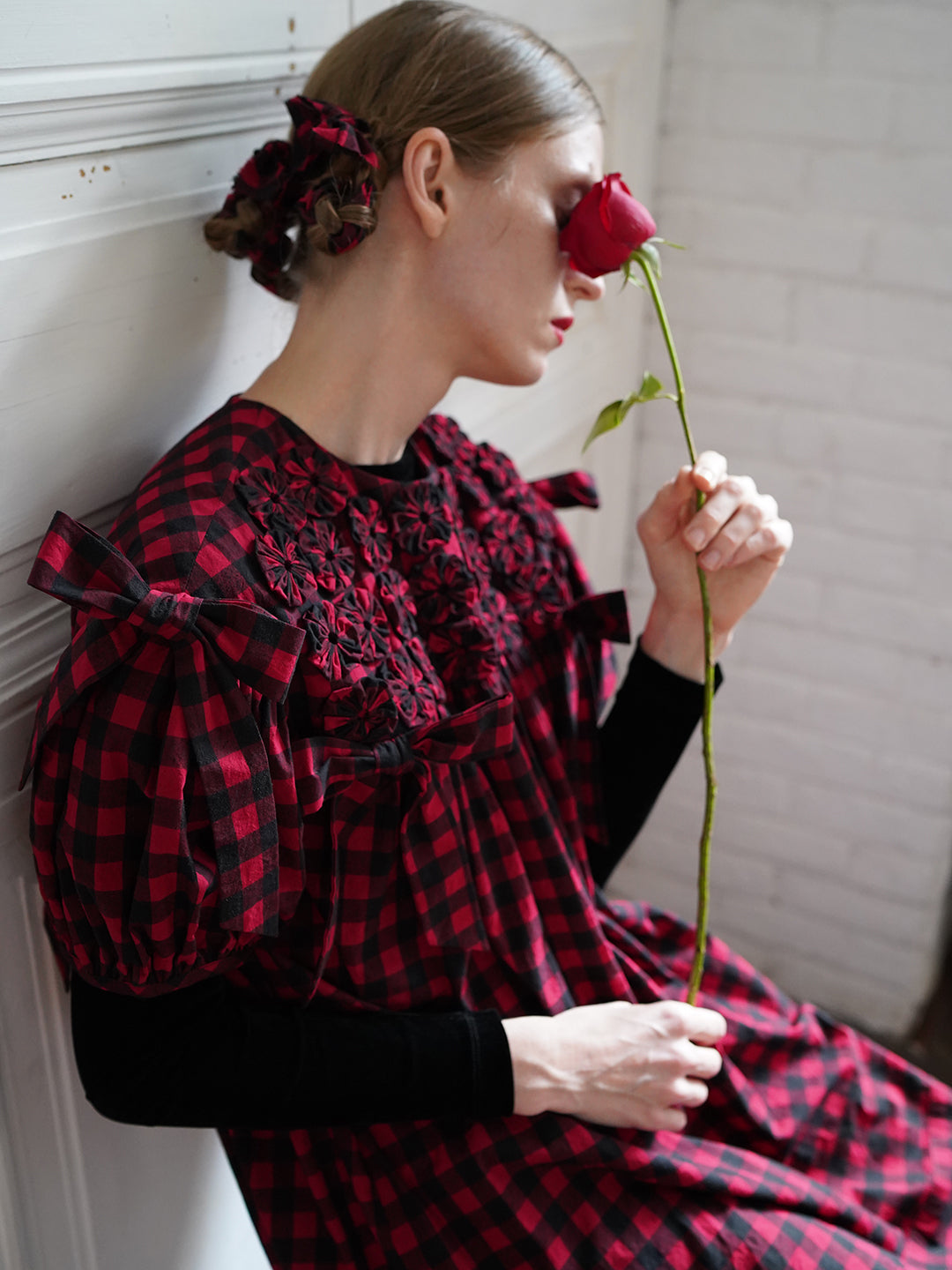 Unlogical Poem Handmade Yoyo Flower Bow Short Gingham Bud Dress